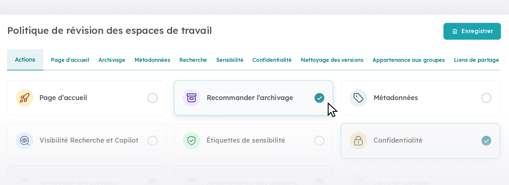 Paramètres de politique de revue des espaces de travail : archivage, métadonnées, visibilité Copilot, étiquettes de confidentialité et confidentialité